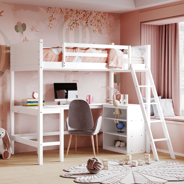 Twin size Loft Bed with Shelves and Desk, Wooden Loft Bed with Desk - White(OLD SKU:LT000537AAK)