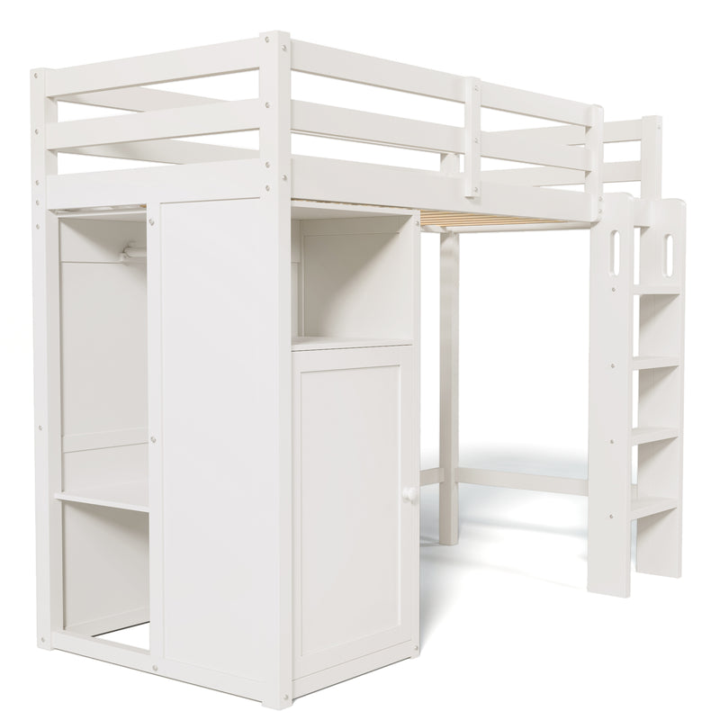 Twin Loft Bed with Wardrobe, Storage Shelves and Ladder, White