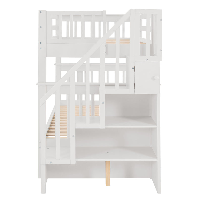 Stairway Twin Over Twin Bunk Bed With Twin Size Trundle For Bedroom, Dorm, Adults - White