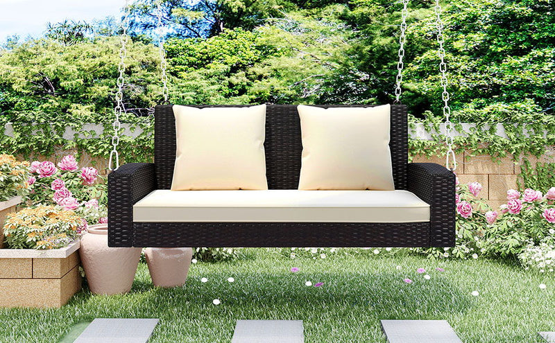 2 Person Wicker Hanging Porch Swing With Chains, Cushion, Pillow, Rattan Swing Bench For Garden, Backyard