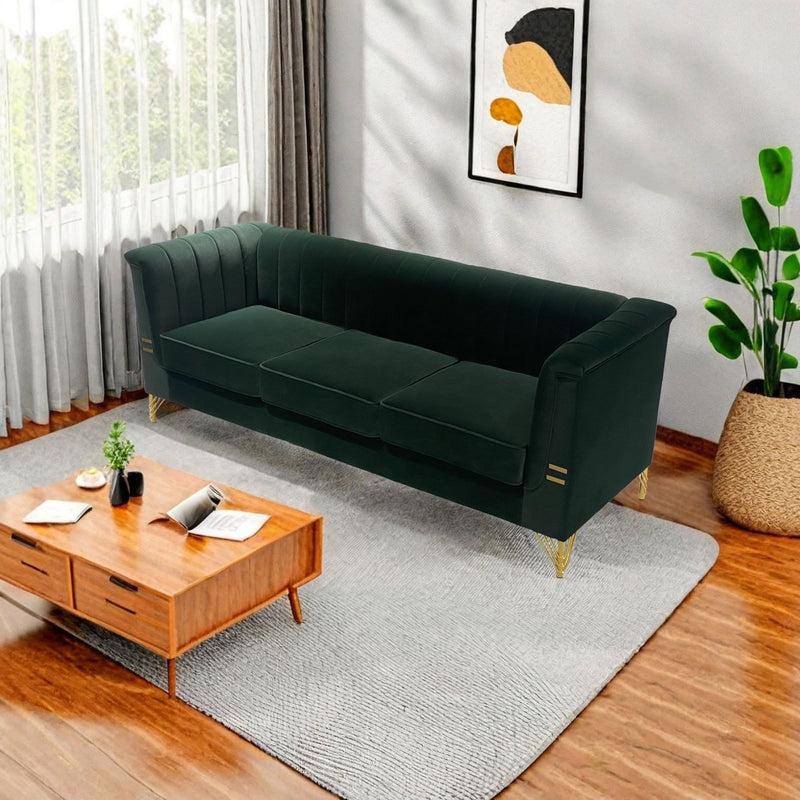 Fx-P82-Gr (Sofa) Velvet Sofa, Mid-Century Sofa Furniture Chesterfield Couch For Living Room - Green