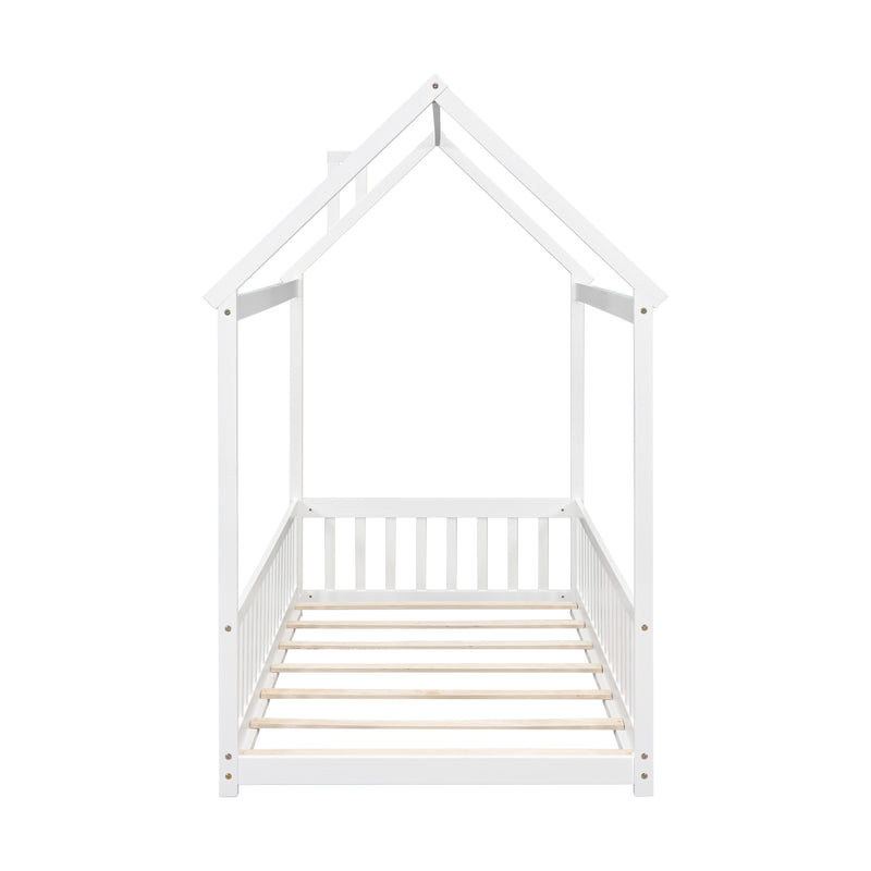 Twin House Bed with Guardrails, Slats ,White