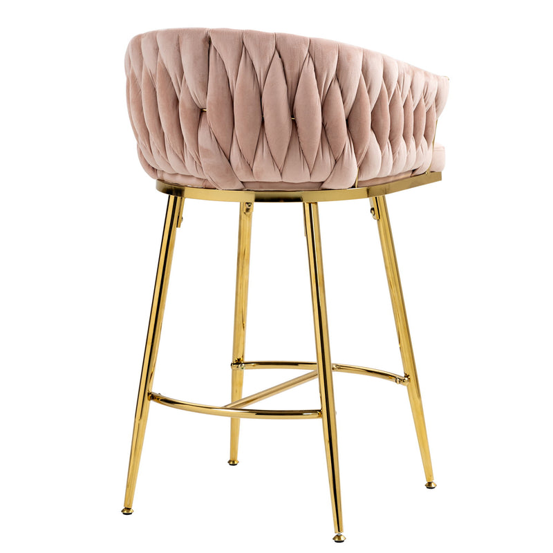 Counter Height Bar Stools (Set of 2) Kitchen Island Counter Bar Stool With Hand-Wave Back, Golden Chromed Base And Footrest - Pink