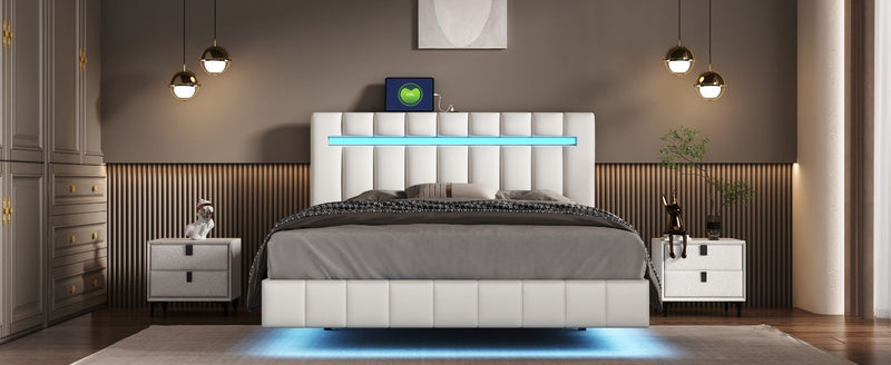 Queen Size Floating Bed Frame With LED Lights And USB Charging, Modern Upholstered Platform LED Bed Frame - White