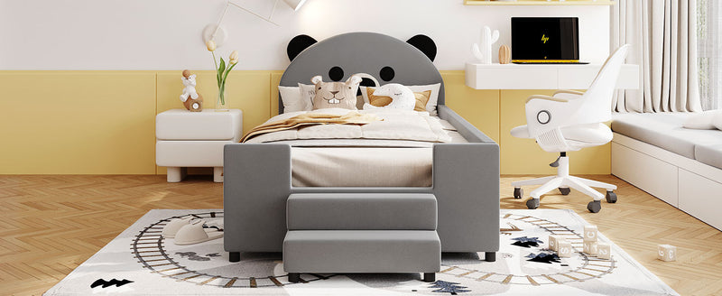 Twin Size Upholstered Daybed with Bear Shaped Headboard, Hydraulic System and Breathable Mesh Fence, Gray