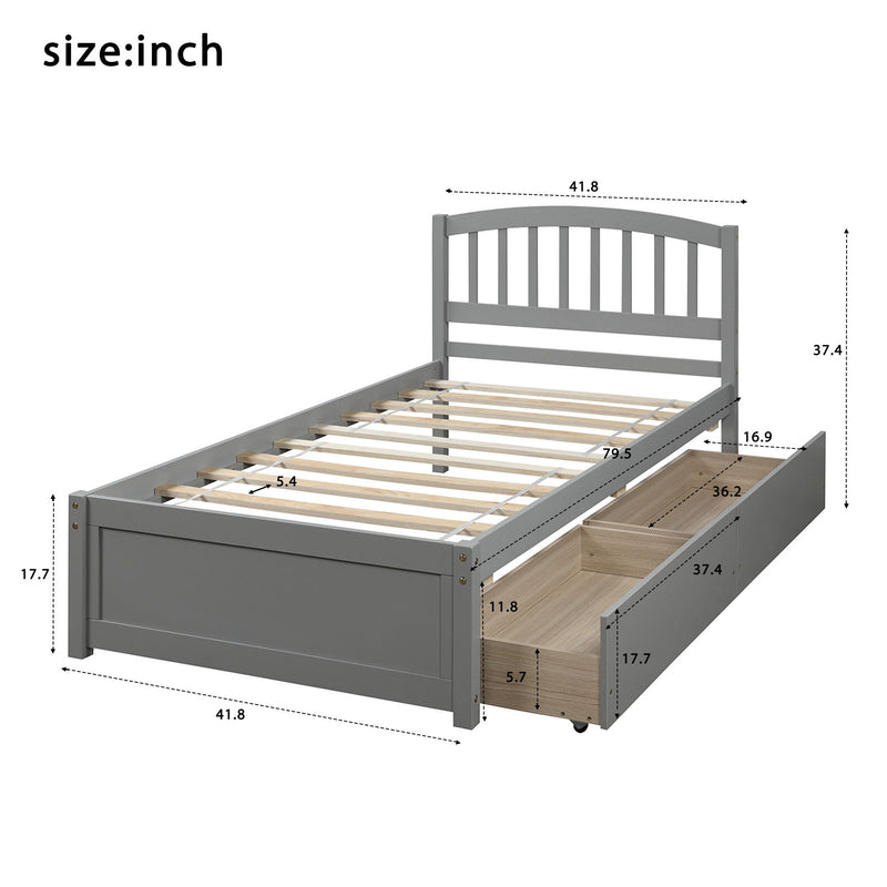 Twin Platform Storage Bed Wood Bed Frame With Two Drawers And Headboard - Gray