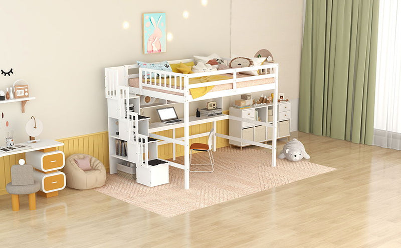 Full Size Loft Bed With Built-In Desk, Bookshelves And Storage Staircase - White