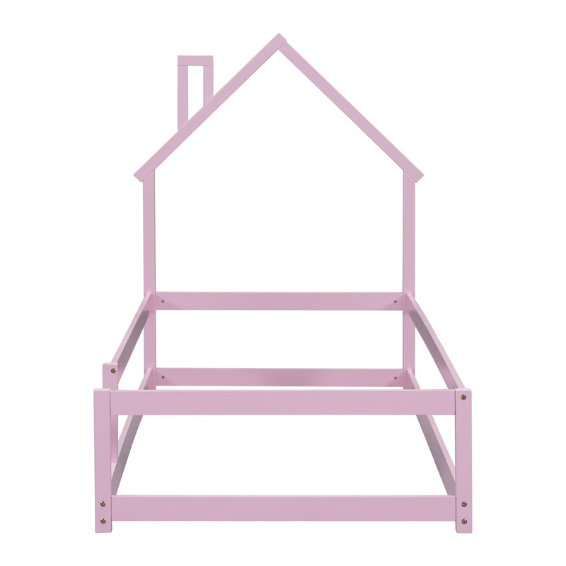 Twin Size Wood bed with House-shaped Headboard Floor bed with Fences,Pink