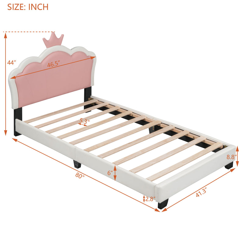 Twin Size Upholstered Princess Bed With Crown Headboard, Twin Size Platform Bed With Headboard And Footboard - White / Pink