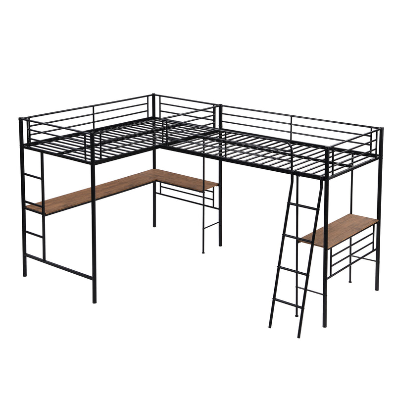 Twin Size Metal Loft Bed with Two Built-in Desks,Black