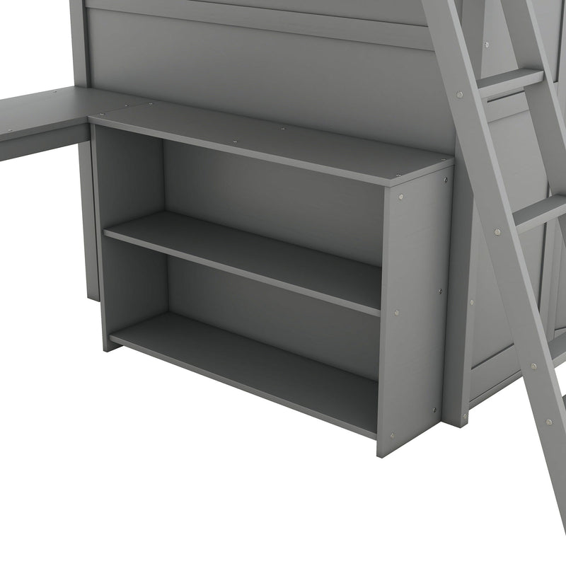 Full Size Loft Bed With Desk, Shelves And Wardrobe - Gray