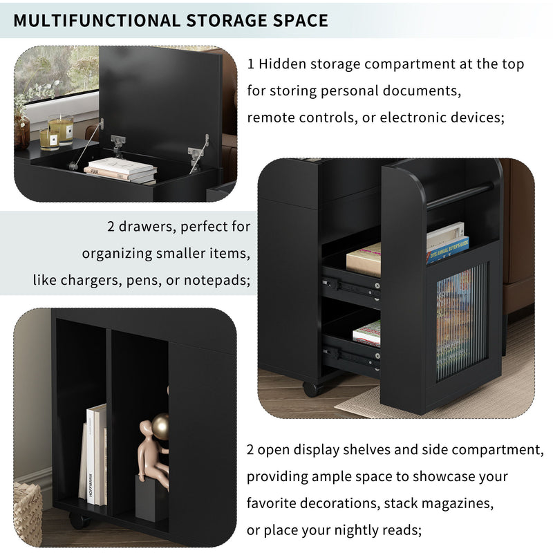 Multifunctional Extendable End Table With Wheels, Side Table With Tempered Glass Door, 2 Storage Shelves, 2 Drawers For Living Room