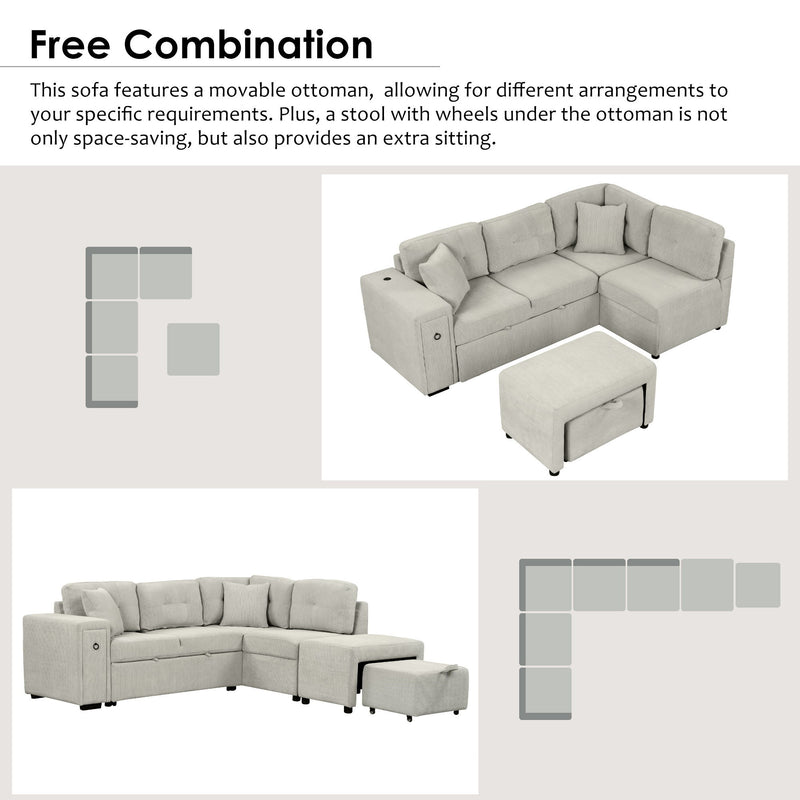 Sectional Sofa L-Shaped Sofa Couch Pull-Out Sofa Bed With A Movable Ottoman, Two USB Ports And Two Cup Holders For Living Room