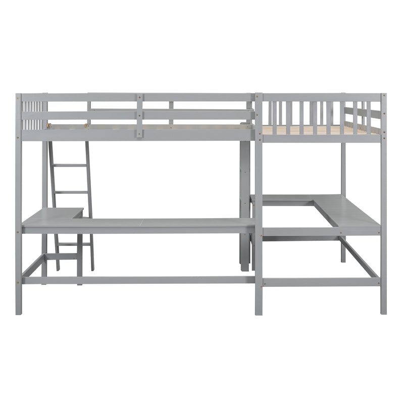 Wood Twin Size L-Shaped Loft Bed with Ladder and 2 Built-in L-Shaped Desks, Gray