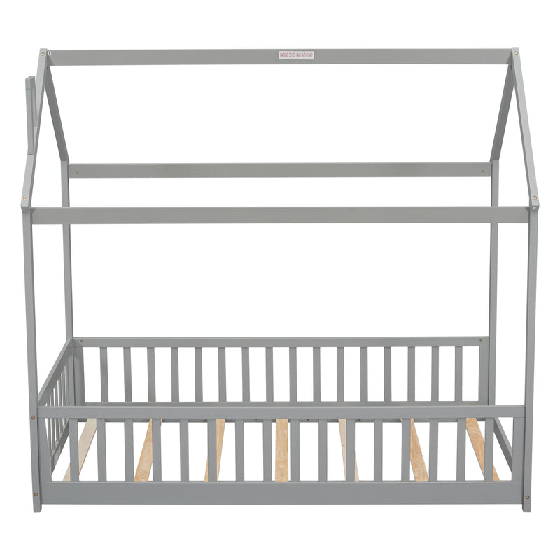 Twin House Bed with Guardrails, Slats ,Grey