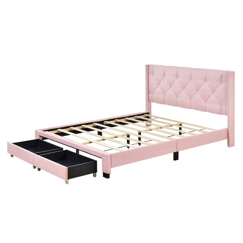 Queen Size Storage Bed Linen Upholstered Platform Bed With Two Drawers - Pink