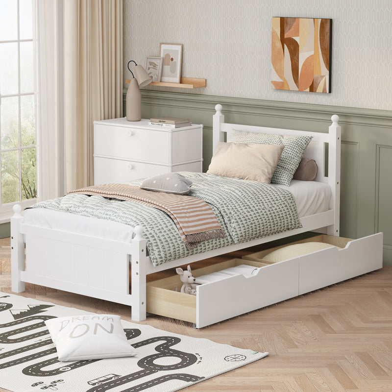 Twin Size Solid Wood Platform Bed Frame with 2 drawers for Limited Space Kids, Teens, Adults, No Need Box Spring, White