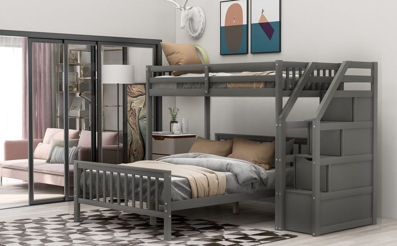 Twin over Full Loft Bed with Staircase,Gray(OLD SKU:SM000107AAE)