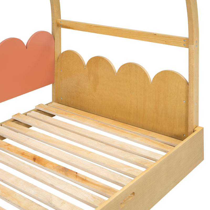 Twin size stretchable vaulted roof bed, children's bed pine wood frame, natural and orange