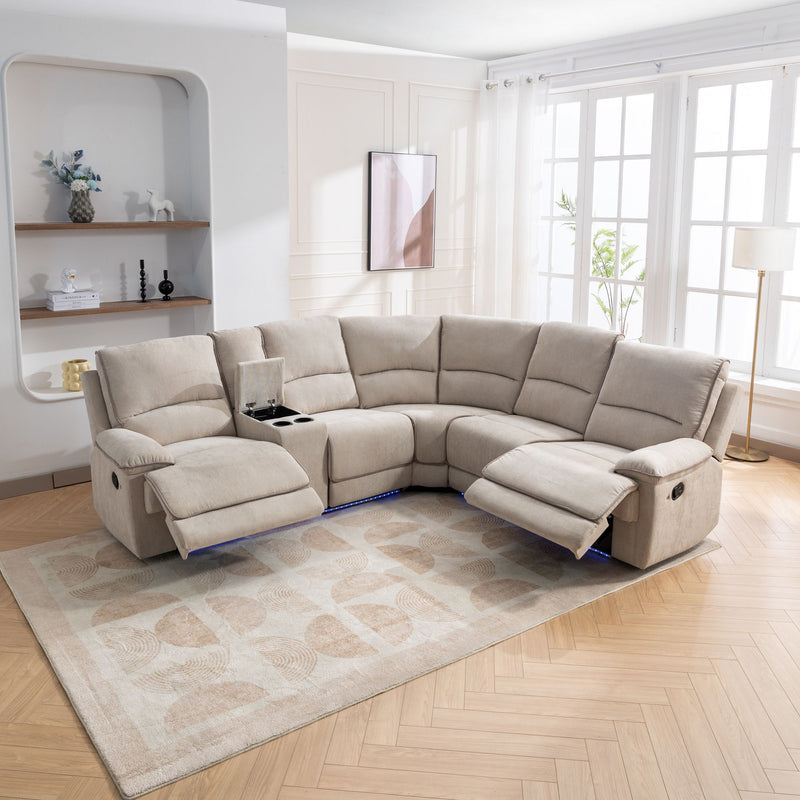 Modern Manual Reclining Living Room Furniture Set With USB Ports, Hidden Storage, Led Light Strip And 2 Cup Holders - Cream