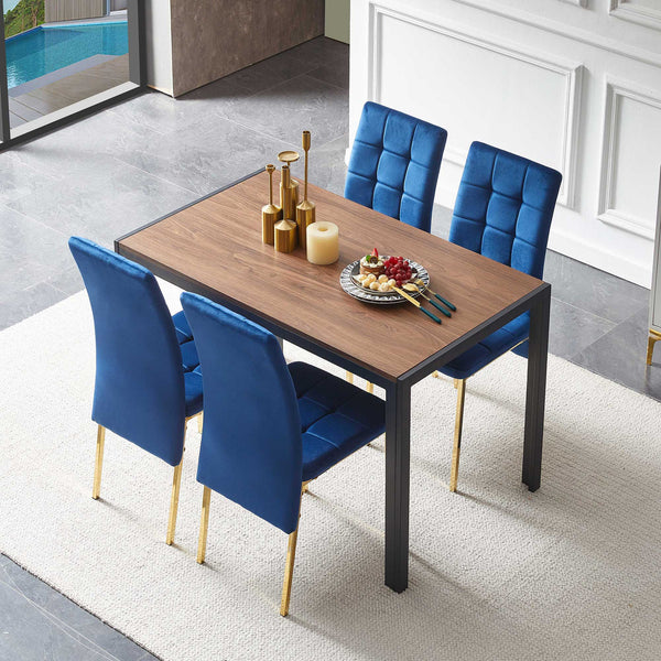 5 Pieces Dining Set Including Velvet High Back Golden Color Legs Nordic Dining Chair & Creative Design Dining Table