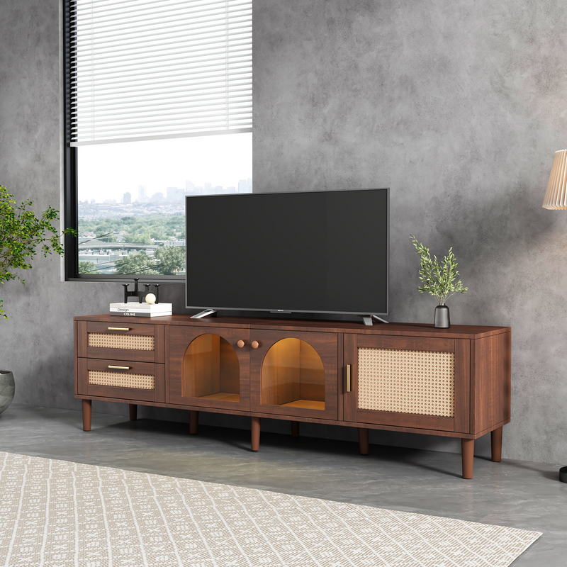 Rattan TV Stand with 3 Cabinets & 2 Drawers, Rattan-inspired Media Console Table for TVs up to 80'', LED Light Entertainment Center, TV cabinet for Living room, Bedroom, Home Theatre