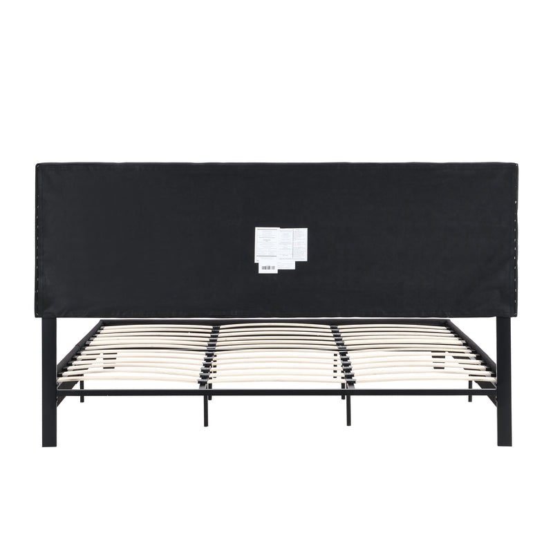 King Size Upholstered Platform Bed Frame With Button Tufted Linen Fabric Headboard, No Box Spring Needed, Wood Slat Support