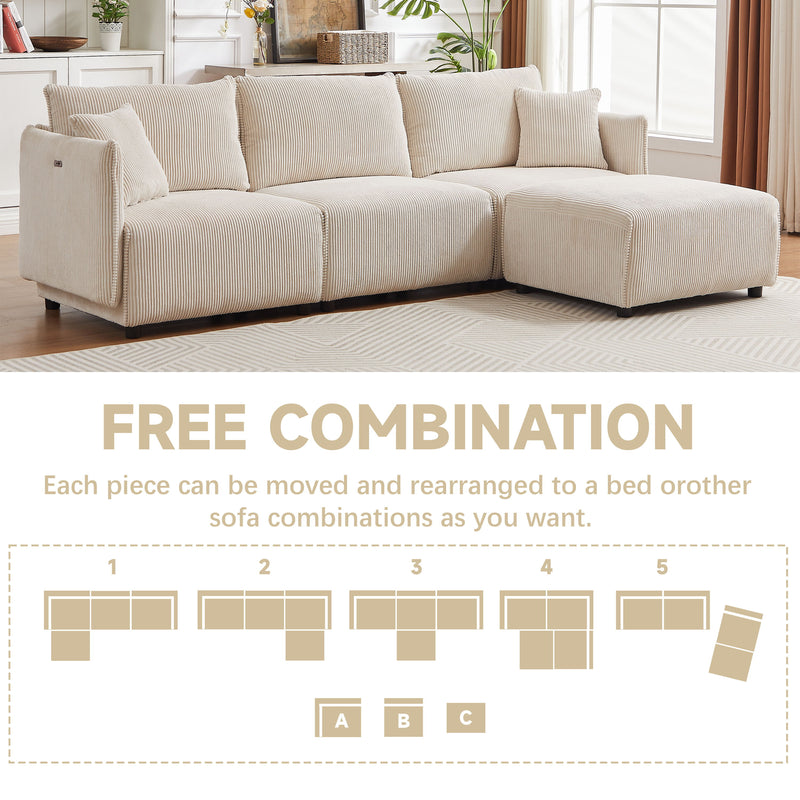 Multi-Module Combination Style Sofa For Living Room, Bedroom And Other Lounge Spaces, Modern Minimalist Corduroy Combination Sofa With 2 Comfort Cushions With USB & C Charging Ports, Two Sets - Beige