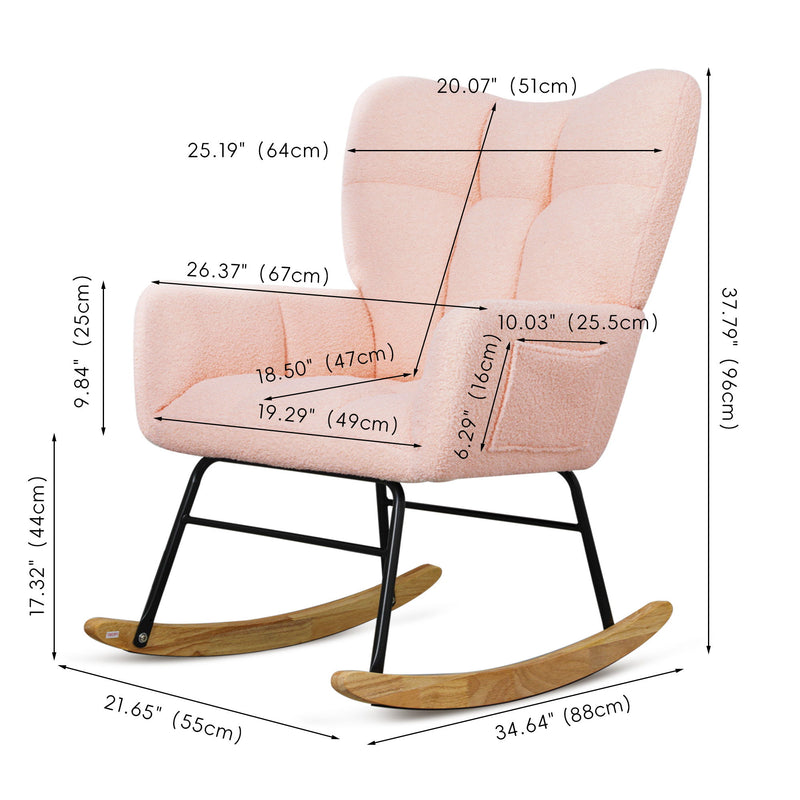 Teddy Rocking Chair, Upholstered Rocker Armchair With High Backrest, Modern Rocking Accent Chair For Nursery, Living Room