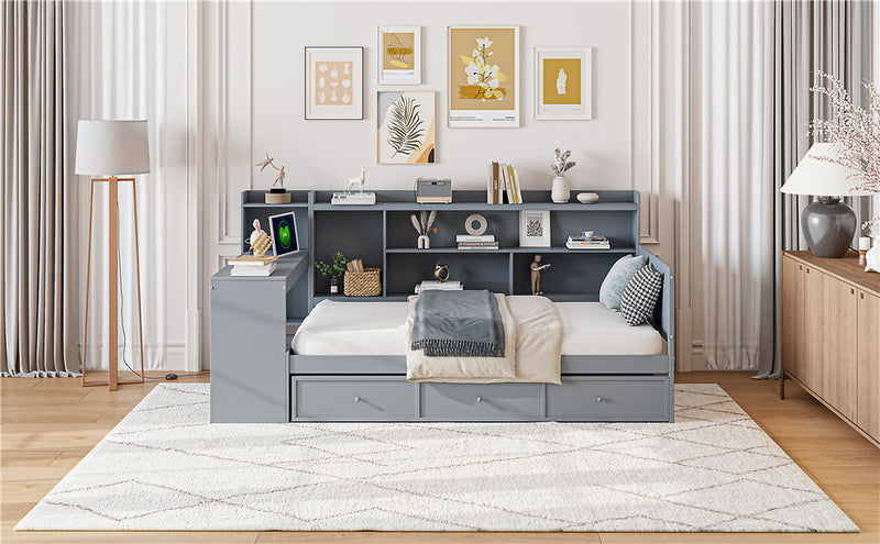 Twin Size Wooden Daybed With 3 Drawers, USB Ports And Desk - Gray