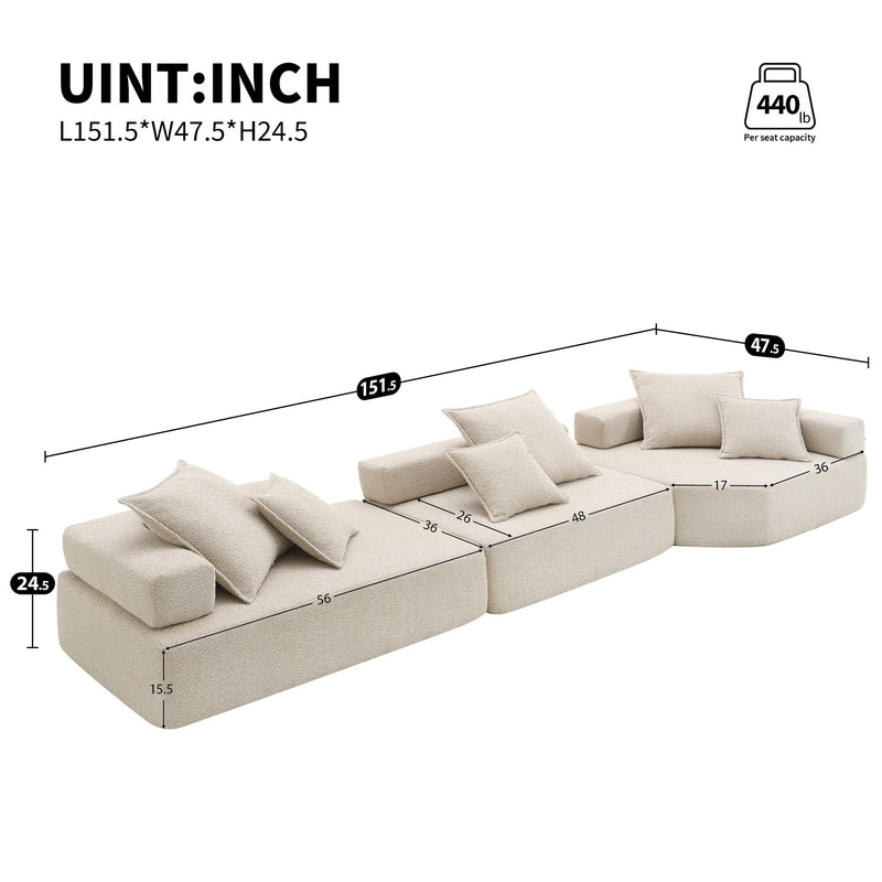 151.5" Oversized Modular Sectional Sofa, Luxury Boucle Floor Couch Set, Convertible Sleeper Couch, Spacious Foam-Filled Sofa Bed For Living Room, 3 Piece Free Combination - Beige