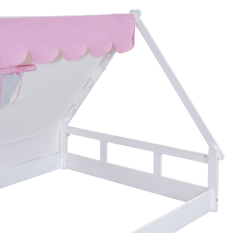 Wooden Full Size Tent Bed with Fabric for Kids,Platform Bed with Fence and Roof, White+Pink