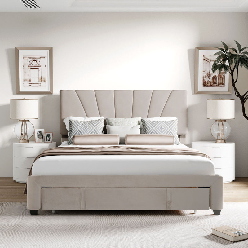 Queen Size Storage Bed Velvet Upholstered Platform Bed With A Big Drawer - Beige