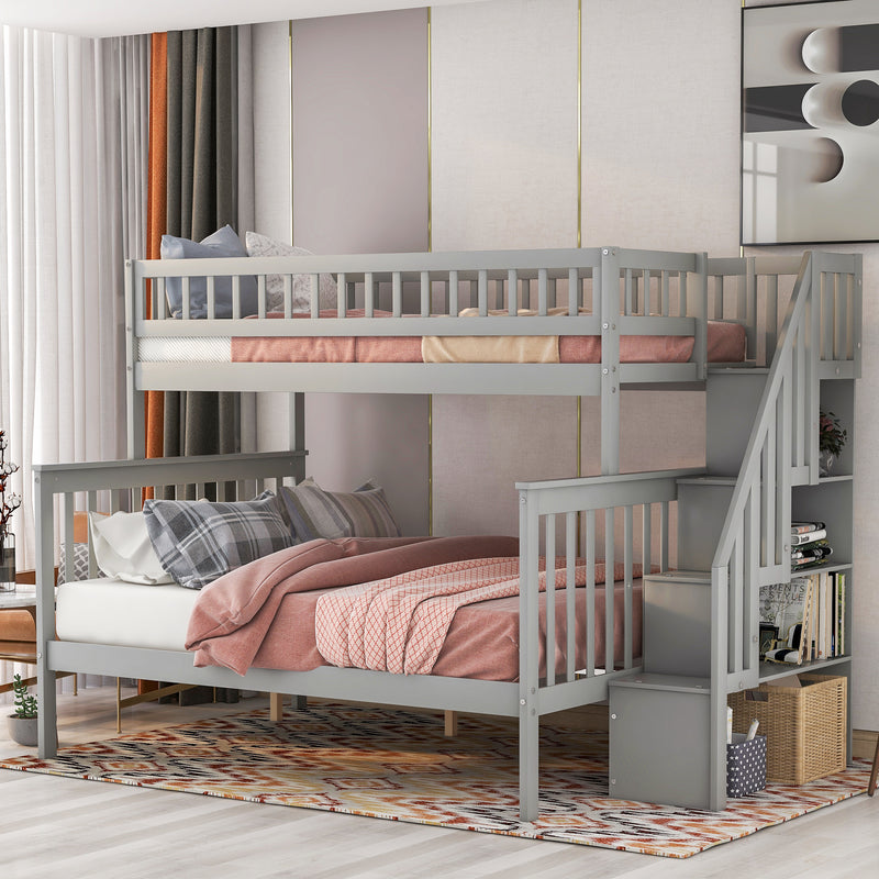 Twin over Full Stairway Bunk Bed with Storage, Gray