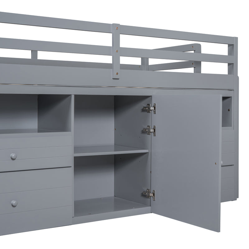 Twin Size Loft Bed with 4 Drawers, Underneath Cabinet and Shelves, Gray