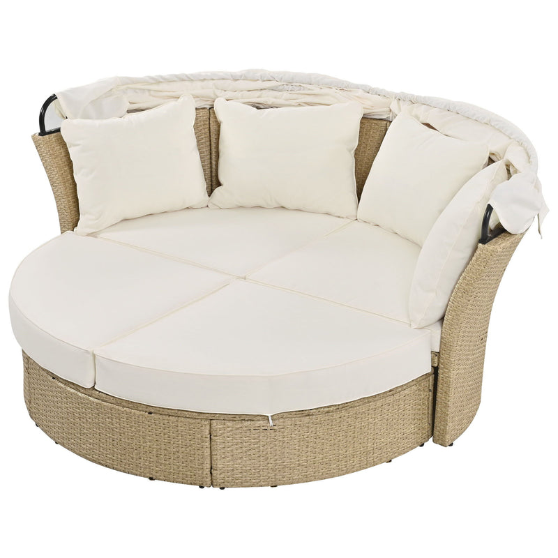 Outdoor Patio Daybed Wicker Rattan Double Daybed Round Sofa Furniture Set With Retractable Canopy, 4 Pillows For Lawn Garden