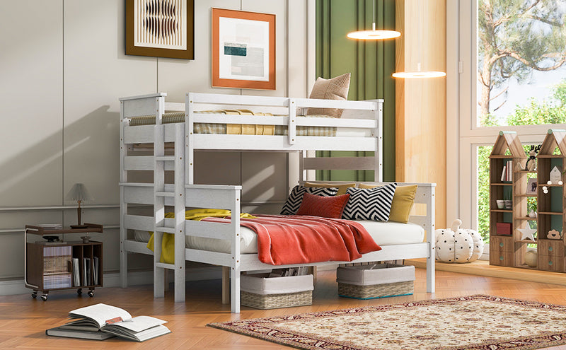 Wood Twin XL over Queen Bunk Bed with Ladder, White