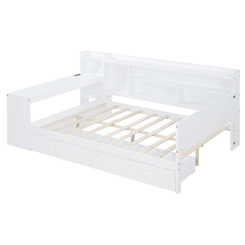 Full Size Wooden Daybed With 3 Drawers, USB Ports And Desk - White