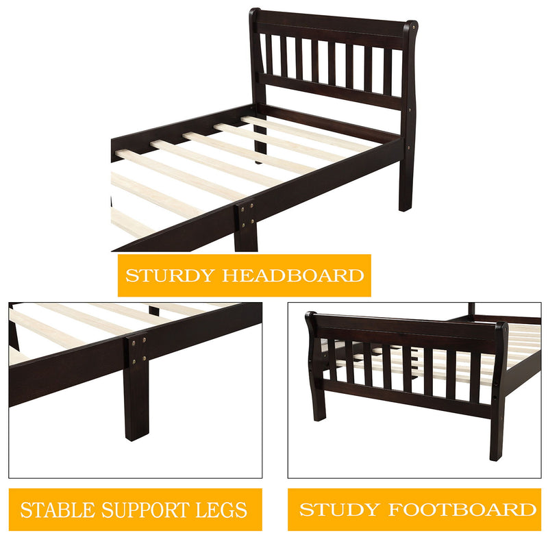 Twin Platform Bed Frame Panel Bed Mattress Foundation Sleigh Bed With Headboard / Footboard / Wood Slat Support - Espresso