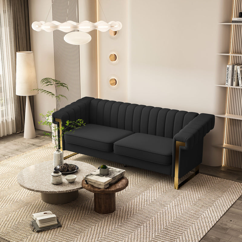 Sofa Modern Sofa With Gold Accents, Sleek Channel-Tufted Upholstery, 3 Seat Couch For Living Room And Office Decor