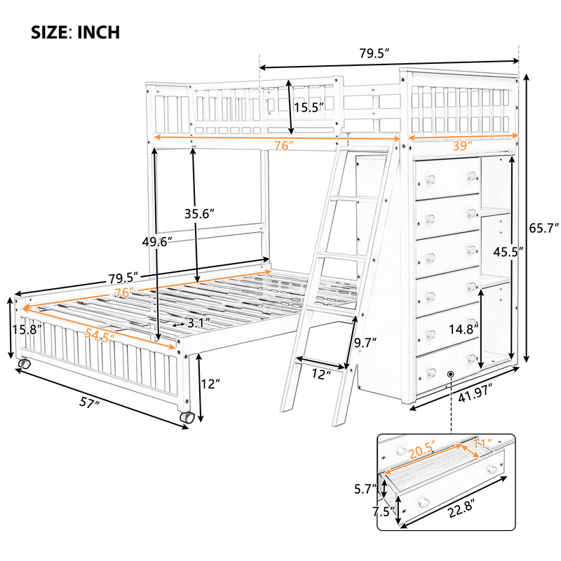 Wooden Twin Over Full Bunk Bed With Six Drawers And Flexible Shelves,Bottom Bed With Wheels,White(OLD SKU:LP000531AAK)