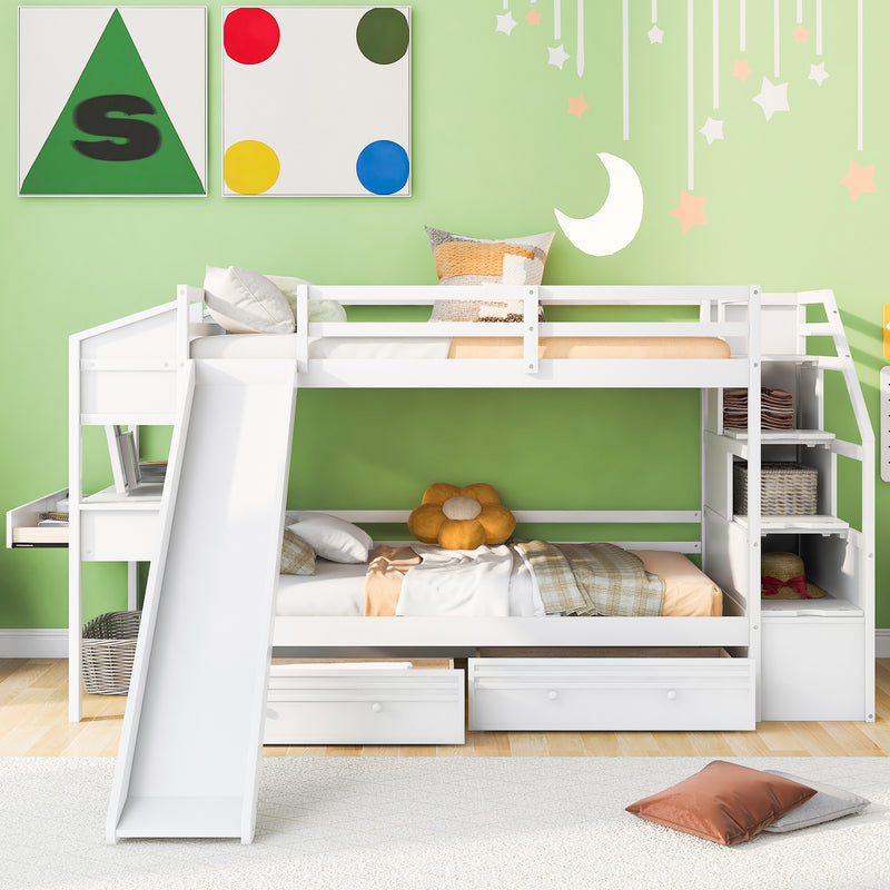 Twin over Twin Bunk Bed with Storage Staircase, Slide and Drawers, Desk with Drawers and Shelves, White