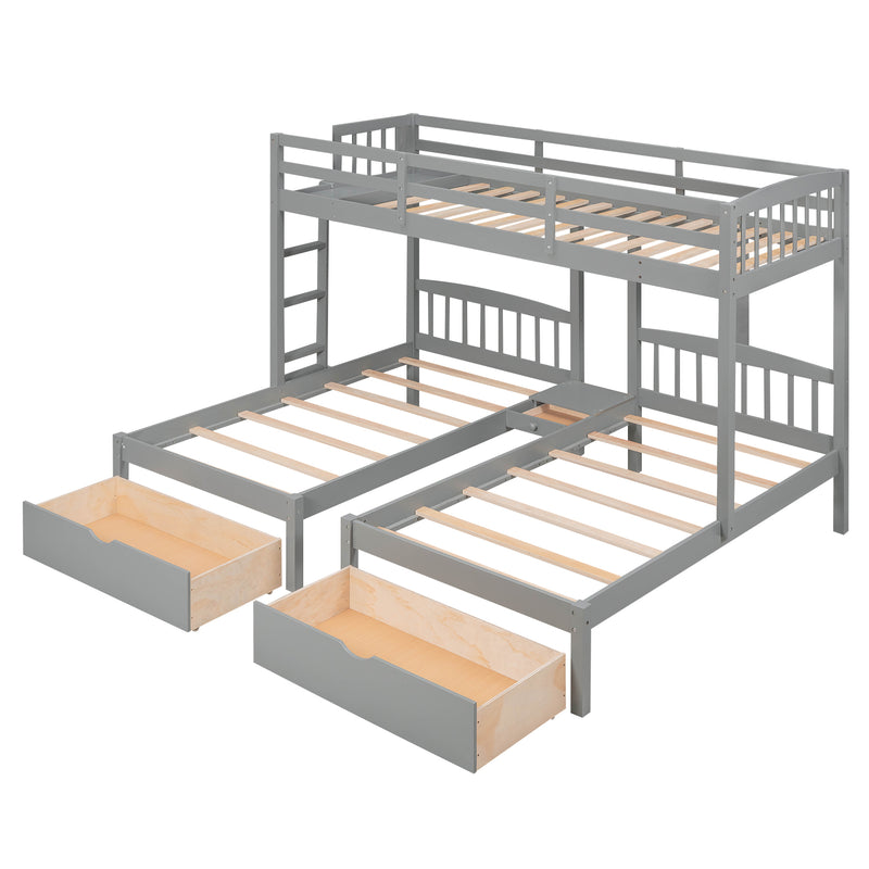 Twin over Twin & Twin Bunk Bed with Two Drawers and Built-in Middle Drawer, Gray