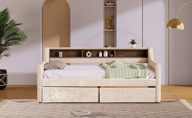 Twin Size Snowflake Velvet Daybed with Two Storage Drawers and Built-in Storage Shelves,Beige