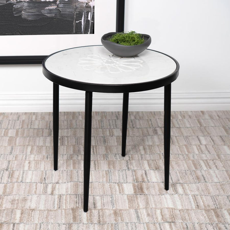 Kofi - Round Marble Top Accent Side Table - White And Black