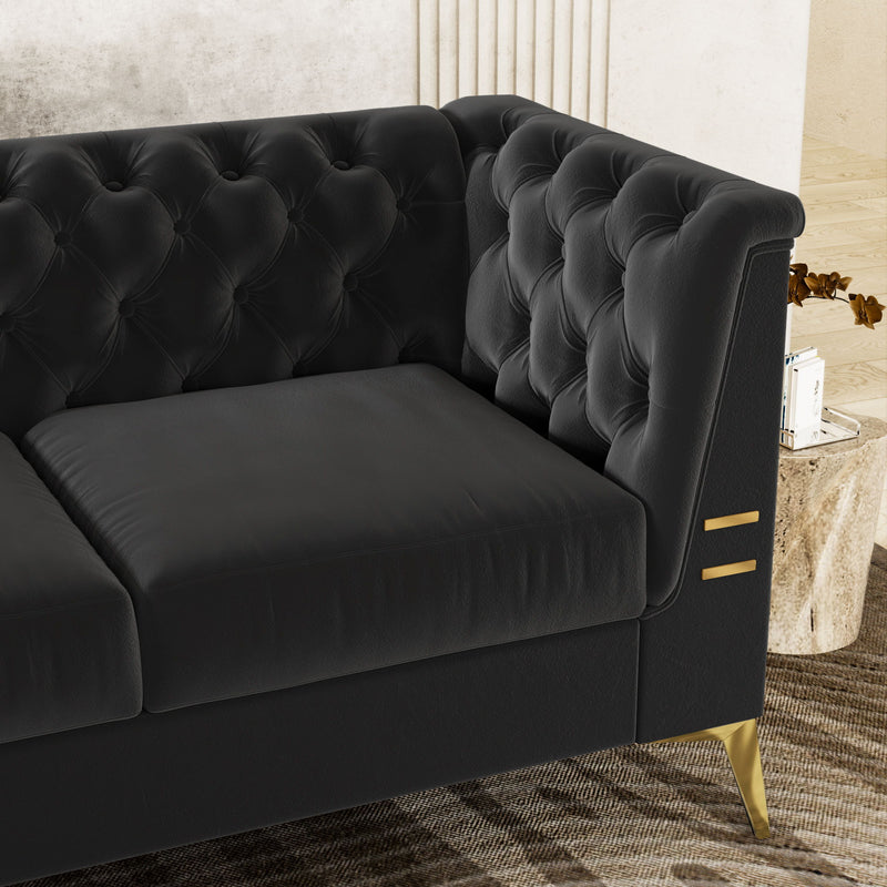 Fx-P83-Bk2 (Sofa) Luxurious Velvet Sofa With Gold Legs, Modern Chesterfield Design, Tufted Upholstery, 3-Seat Couch For Living Room And Office - Black