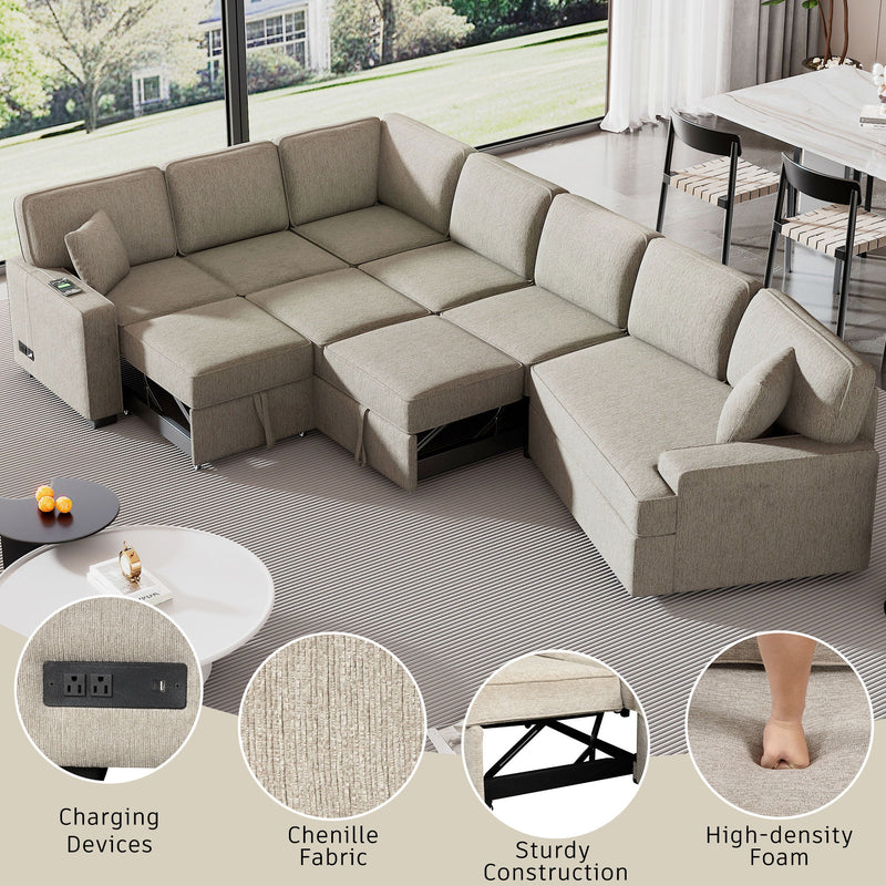 L-Shaped Sofa Sectional Sofa Couch Pull-Out Sofa Bed With Charging Devices And Cup Holders For Living Room