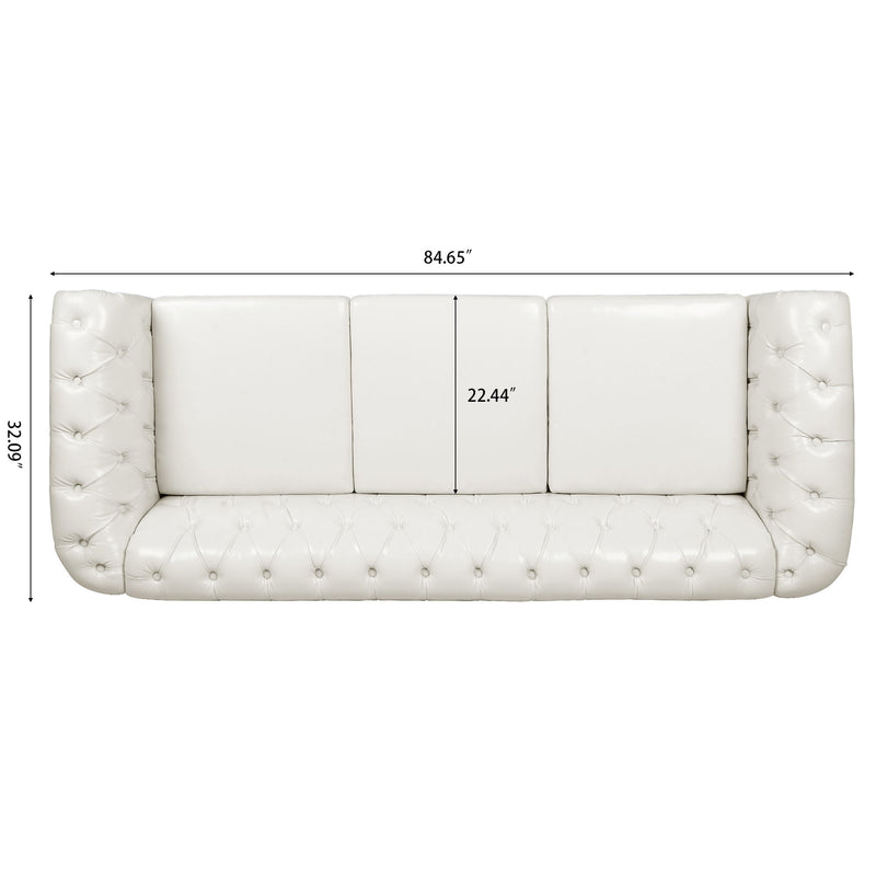 84.65" Rolled Arm Chesterfield 3 Seater Sofa - White