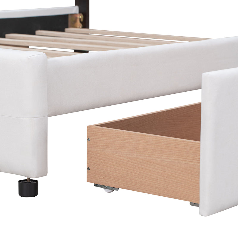 Queen Size Upholstered Platform Bed With Classic Headboard And 4 Drawers, No Box Spring Needed - White