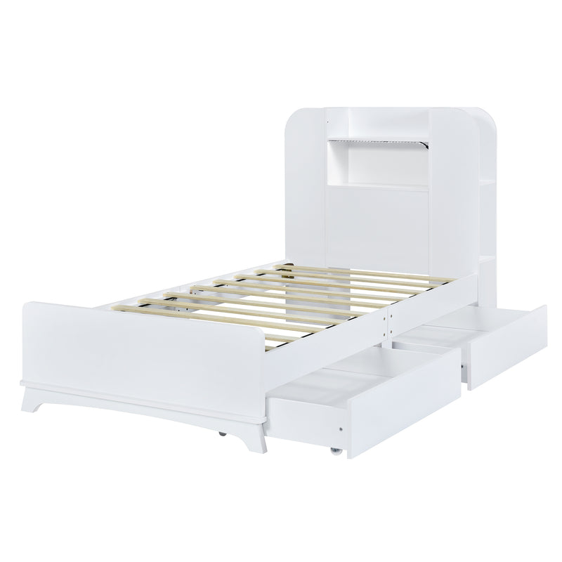 Twin Size Storage Platform Bed Frame with with Two Drawers and Light Strip Design in Headboard,White